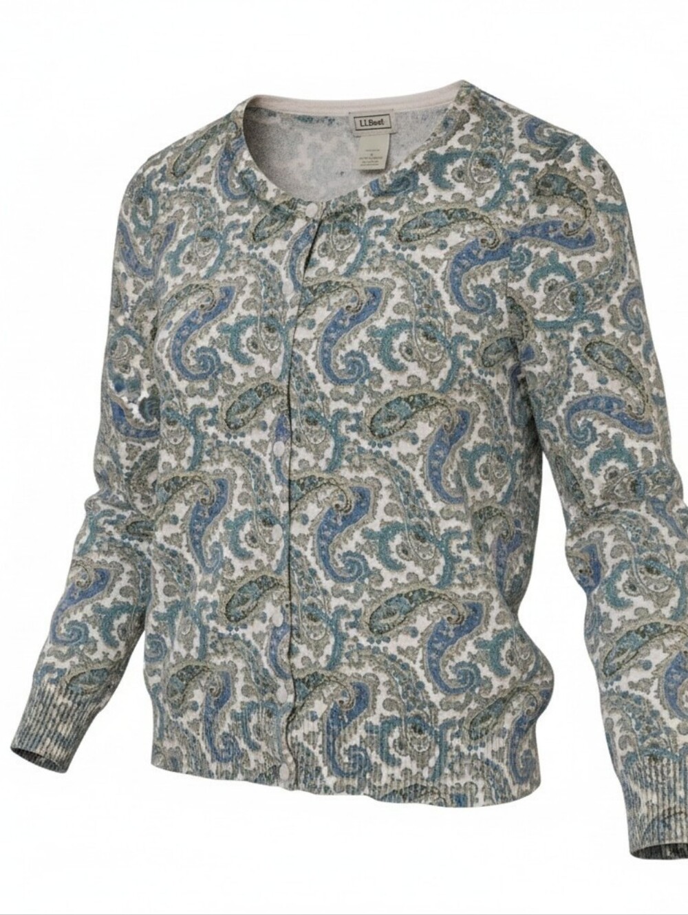 L.L. Bean Paisley Button-Front Cardigan in Cream, Blue & Green